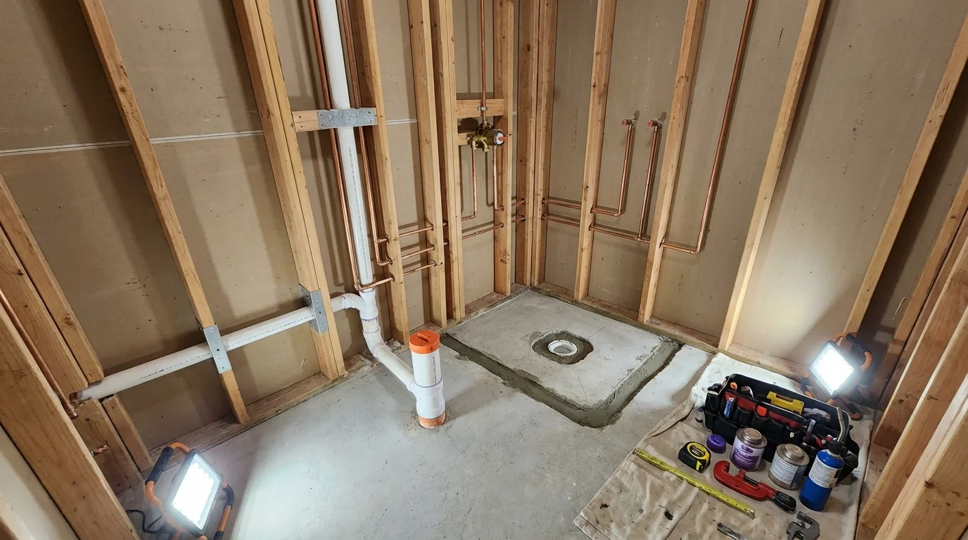 Bathroom rough-in plumbing during remodel by Johns Plumbing LLC in Tallmadge