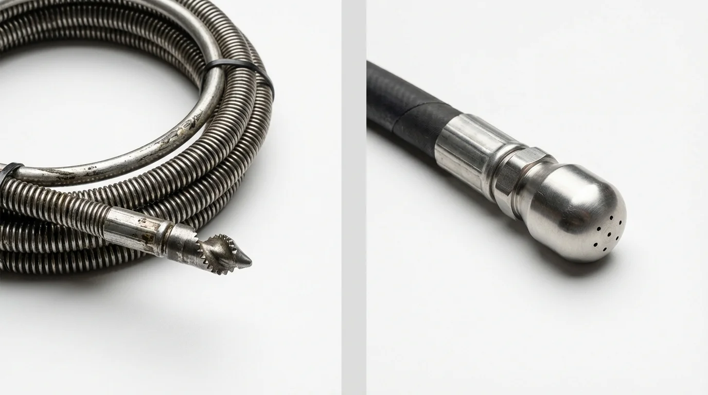 Drain snake cable and hydro jetting nozzle used for drain cleaning in Tallmadge, OH