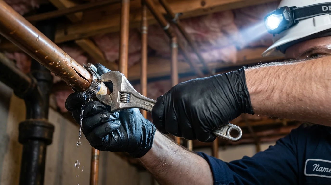 Emergency pipe clamp repair being performed by a Johns Plumbing LLC plumber in Tallmadge