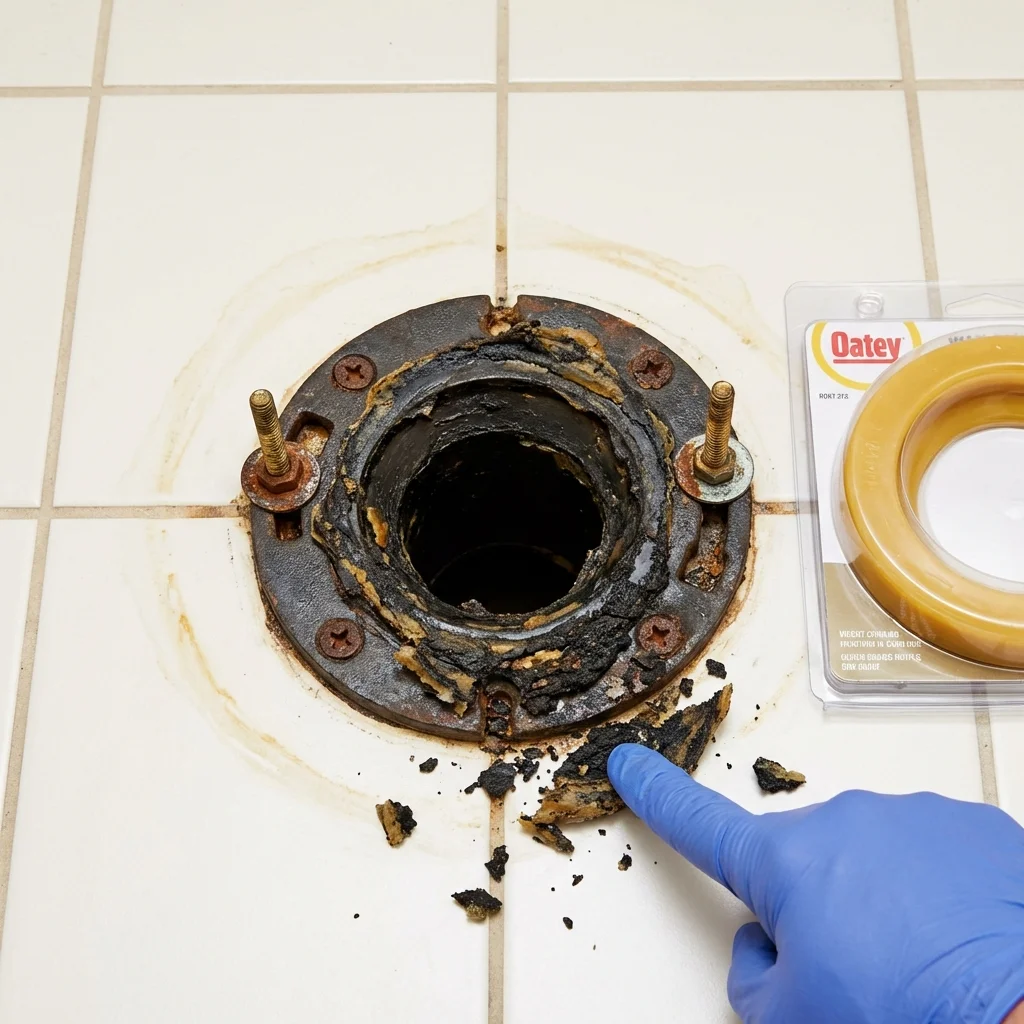 Failed wax ring showing water seepage at the base of a toilet in a Tallmadge, OH home