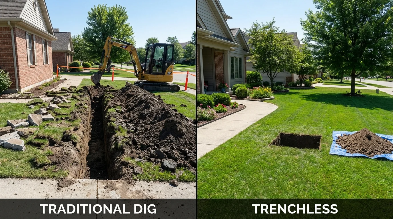 Trenchless sewer repair with minimal yard damage versus traditional excavation in Tallmadge, OH