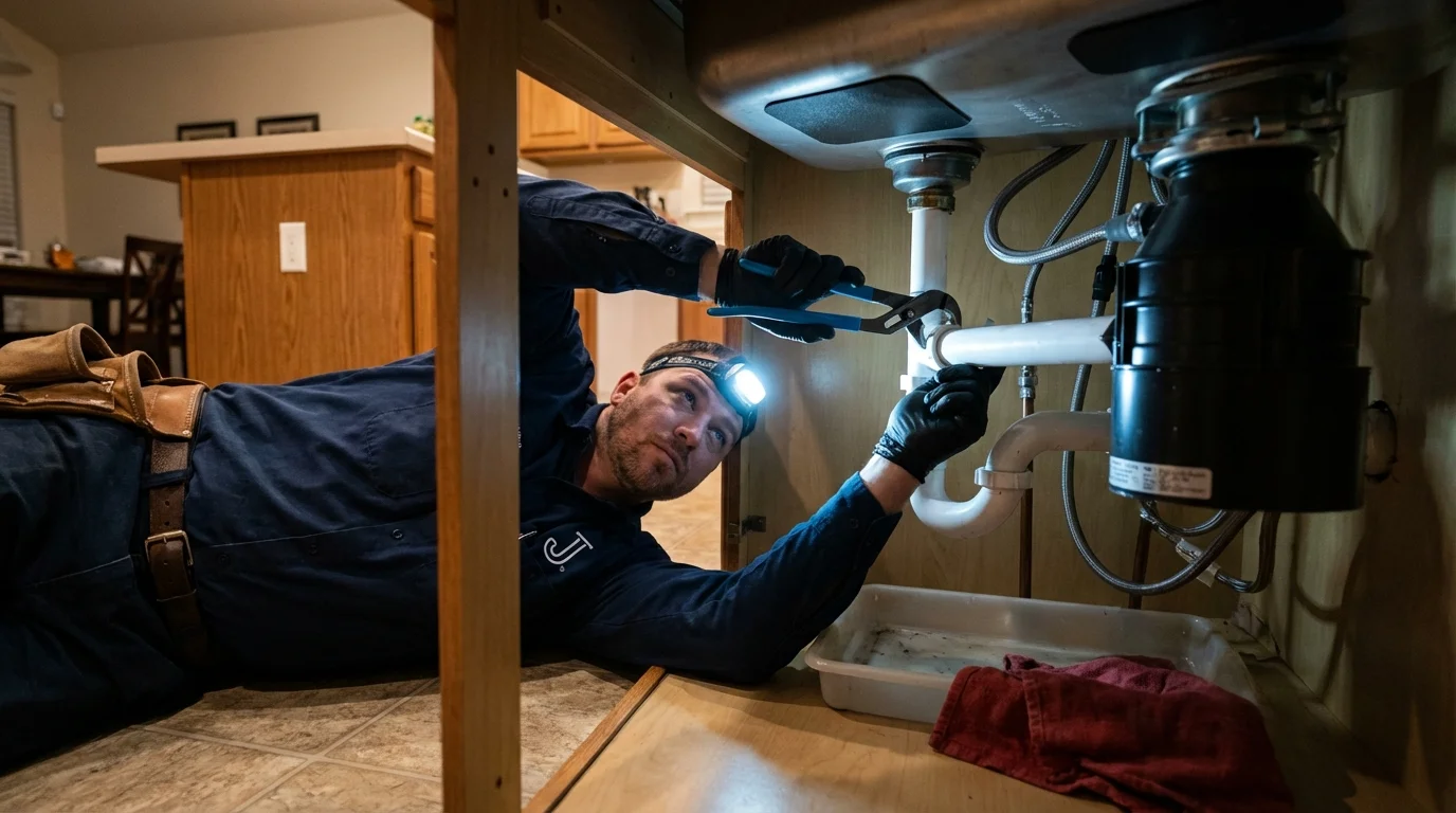 P-trap and supply line connections under a kitchen sink showing a common leak point in Tallmadge, OH